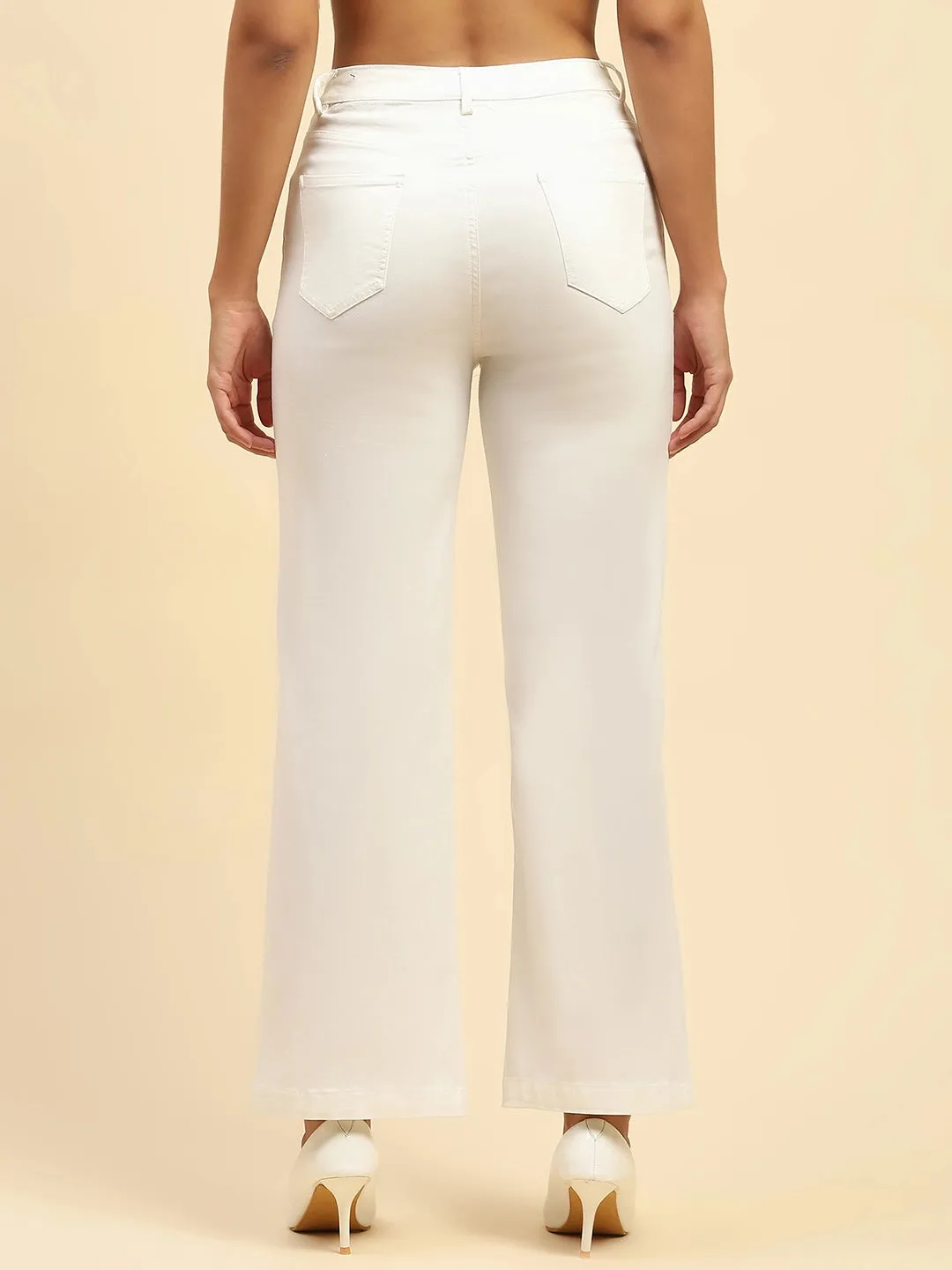 White Solid Cotton Blend Straight Fit Trouser