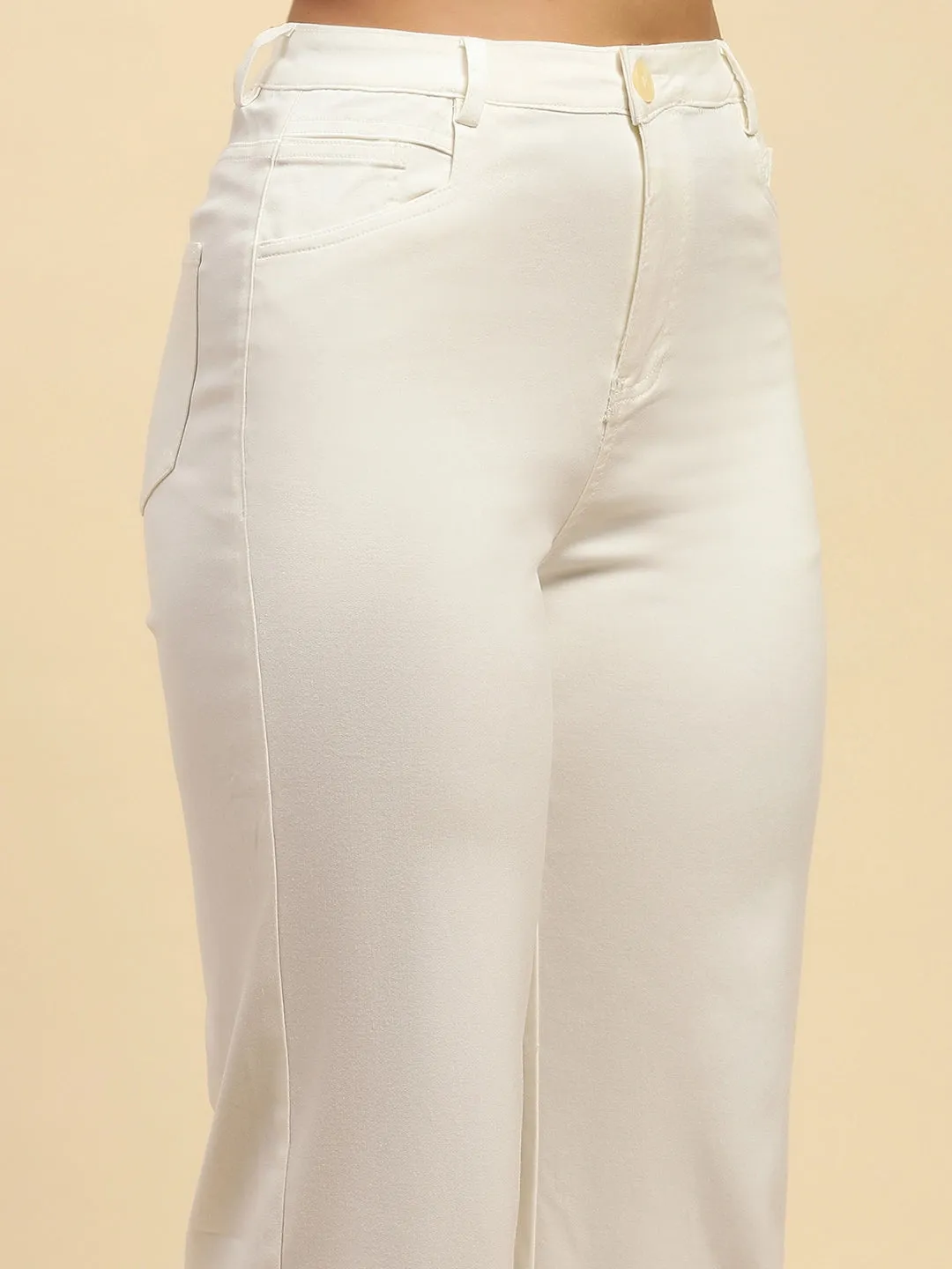 White Solid Cotton Blend Straight Fit Trouser