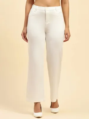 White Solid Cotton Blend Straight Fit Trouser