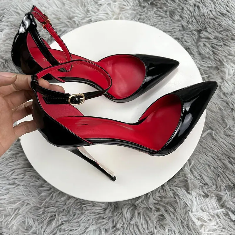 Women Black Patent Leather Ankle Strap Stiletto Pumps Pointed Toe Sexy High Heel - WSHP50069