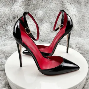 Women Black Patent Leather Ankle Strap Stiletto Pumps Pointed Toe Sexy High Heel - WSHP50069