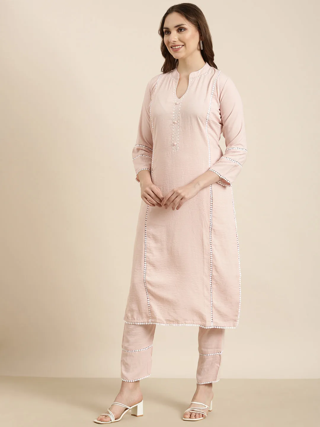 Women Straight Peach Solid Kurta and Trousers Set