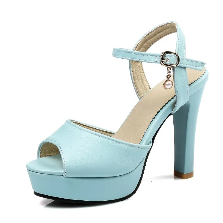 Women's High Heeled Peep Toe Ankle Strap Pearls Chunky Heel Platform Sandals