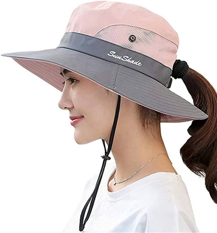 Women'S Wide Brim Outdoor UV Protection Foldable Mesh Beach Sun Hat Fishing Cap