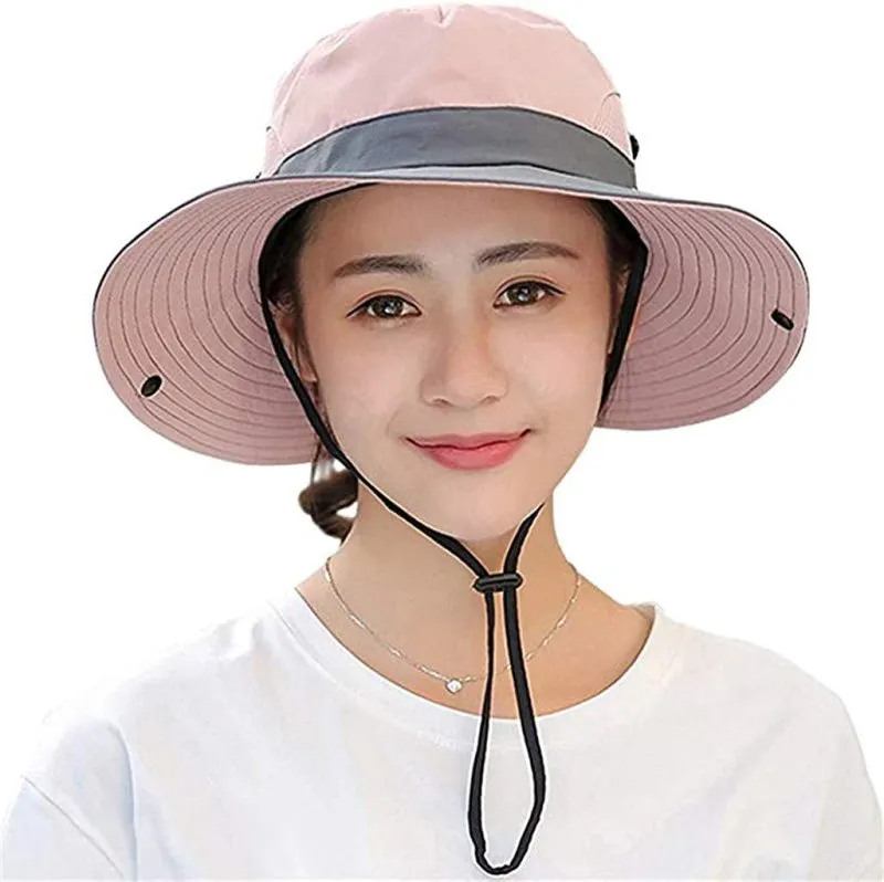 Women'S Wide Brim Outdoor UV Protection Foldable Mesh Beach Sun Hat Fishing Cap